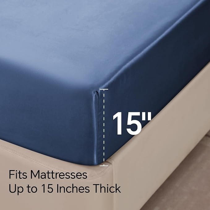 BEDELITE Satin Sheets Twin Size Bed Set, Luxury Soft Navy Silky Sheets - Image 6