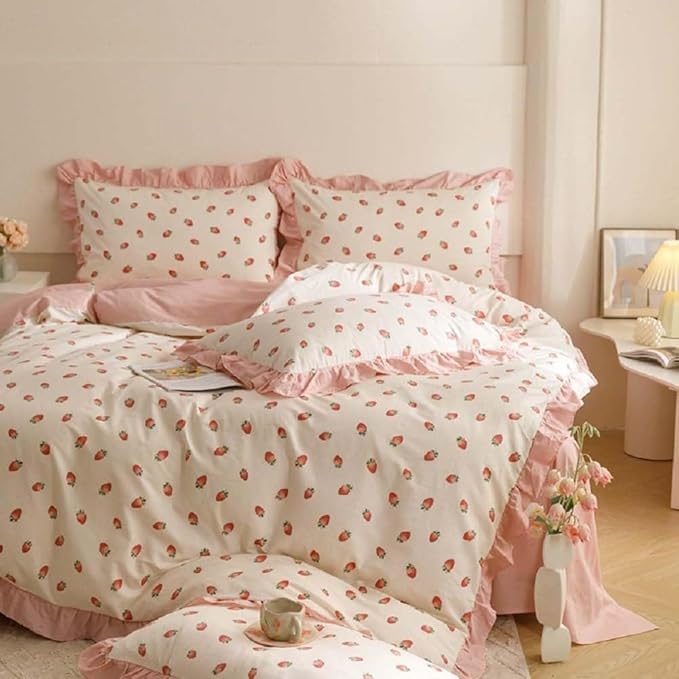 Nayoroom Ruffle Duvet Cover Full Size Pink Strawberry Printed on White Ruffled by Nayoroom