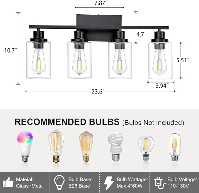 4 Light Black Bathroom Vanity Light Fixture Over Mirror Modern Farmhouse Wall - Image 3