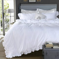 QSH White Ruffle California King Duvet Cover, Washed Cotton Farmhouse Shabby by QSH