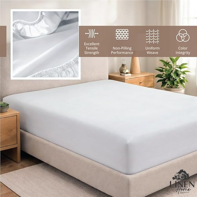 Linen Home 100% Cotton Percale Weave Fitted Sheet, King Size, Snow White - Image 4