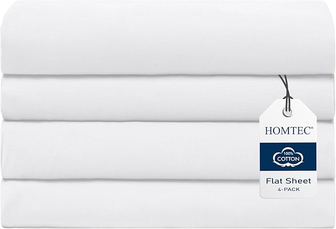 Twin/Twin XL Size Flat Sheet 4 Pack, 100% Cotton Percale Flat Bed Sheet by HOMTEC