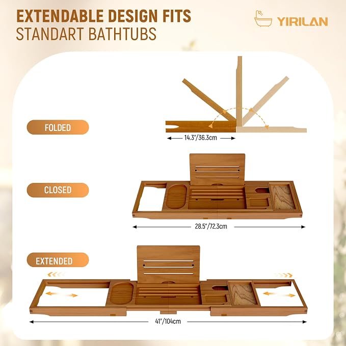 Yirilan Teak Bathtub Tray for Tub, Bath Table Tray for Tub Wood, Bathtub Caddy - Image 2