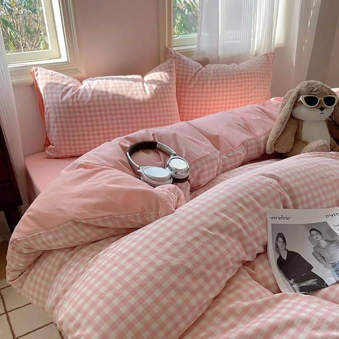 Nayoroom Pink Gingham Duvet Cover Queen Size Reversible Plaid Checkered Duvet by Nayoroom