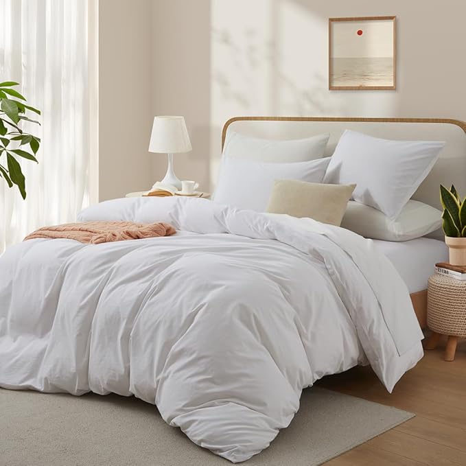 White Duvet Cover Full Size, 100% Washed Cotton Linen Like Bedding Set - Image 2