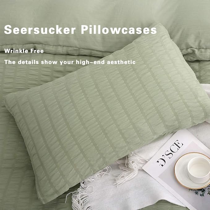 AveLom Green Duvet Cover Queen, 3 Pieces, Seersucker Tripe Soft Washed - Image 5