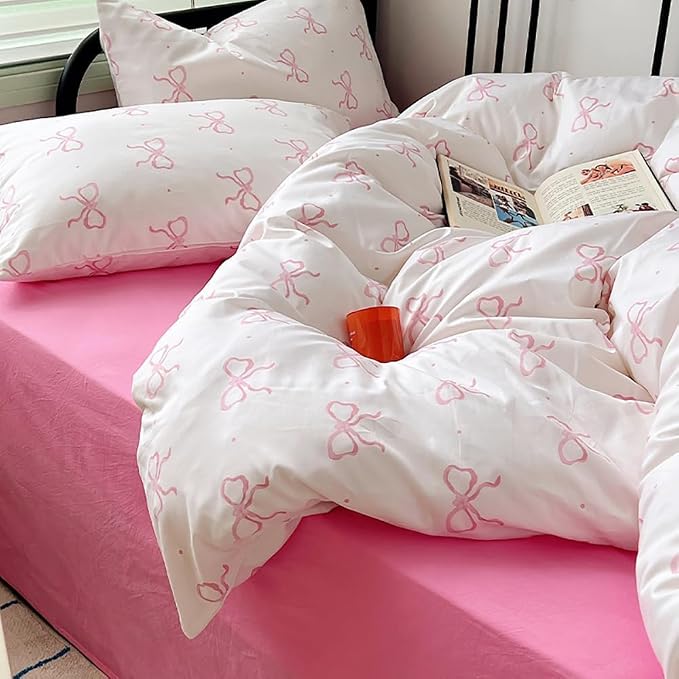 Nayoroom Pink Bow Duvet Cover Full Size Polka Dot Bowknot Coquette Duvet Cover - Image 5
