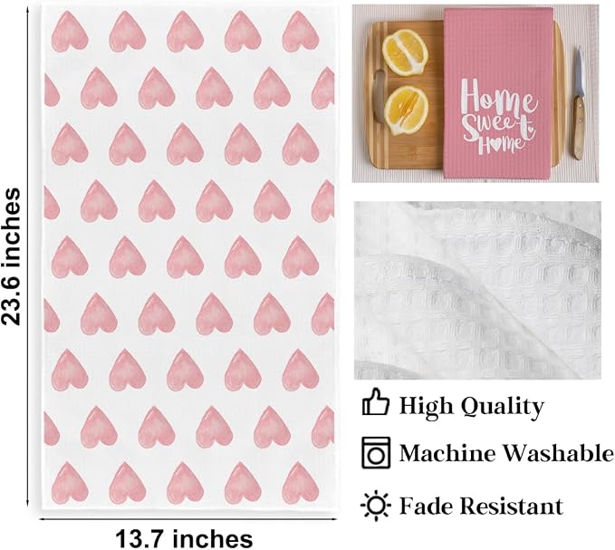 2PCS Pink Heart Love Home Sweet Home Valentine's Kitchen Towels, Valentines Day - Image 2