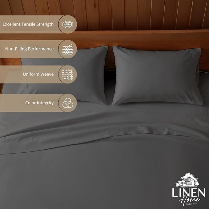 Linen Home 100% Cotton Percale Sheets Twin Size, Smoky Charcoal, Deep Pocket - Image 2