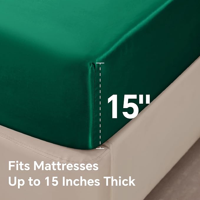 BEDELITE Satin Sheets Queen Size Bed Set, Luxury Soft Dark Green Sheets - Image 6