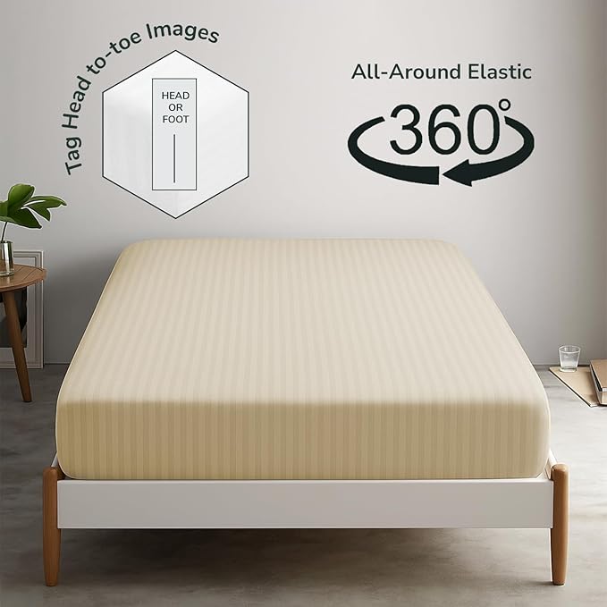 Feather & Stitch 1 Piece Fitted Sheet King Size, 100% Cotton Damask Sateen Weave - Image 4