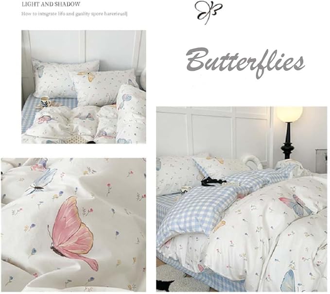 Nayoroom Butterfly Duvet Cover Queen Size Reversible Blue White Gingham Bedding - Image 6