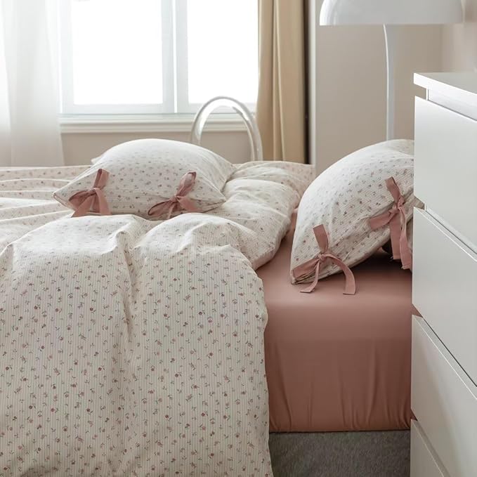MKXI Cute Bow Tie & Pink Flower Stripes Duvet Cover Twin Size Cotton Bedding Set - Image 3