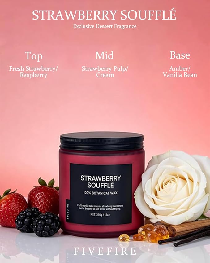 Strawberry Soufflé Home Scented Candles, 13oz Organic Soy Wax, 76-Hour Clean - Image 2