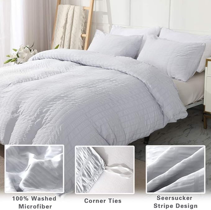 AveLom Light Gray Duvet Cover Full, 3 Pieces, Seersucker Tripe Soft Washed - Image 2