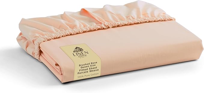 Linen Home 100% Cotton Percale Weave Fitted Sheet, Queen Size, Brushed Rose by LINENHOME