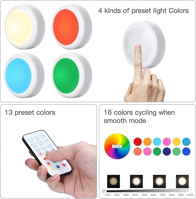 HELPLEX LED Puck Lights with Remote, 6 Pack Color Changing RGBW Stick-On Light - Image 8