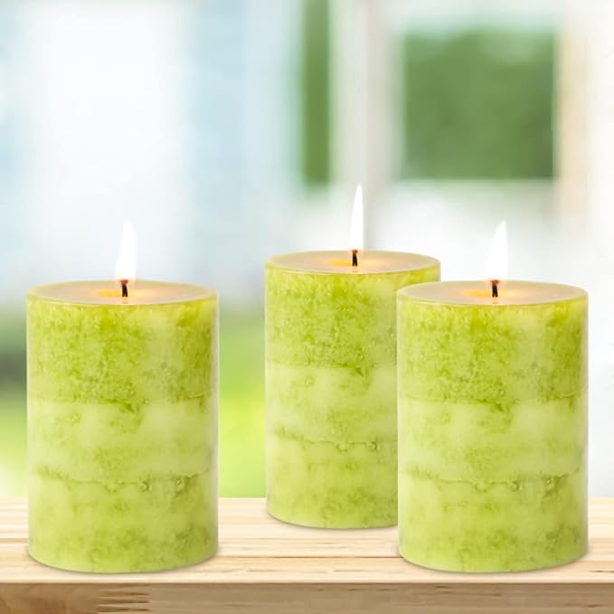 Green Pillar Candles Set of 3 Sage Scented Long Burning Candles 3x4 inch - Image 3