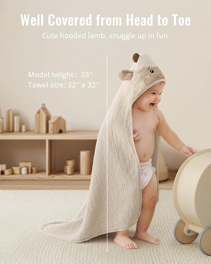 Blissful Diary Muslin Baby Hooded Towel 1 Pack, Soft & Absorbent Bath Towel - Image 4