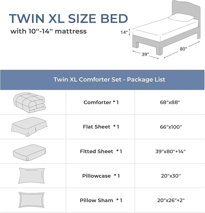 Sasttie Twin XL Comforter Set, 5 Pieces Twin XL Bed in a Bag, Complete Bedding - Image 6