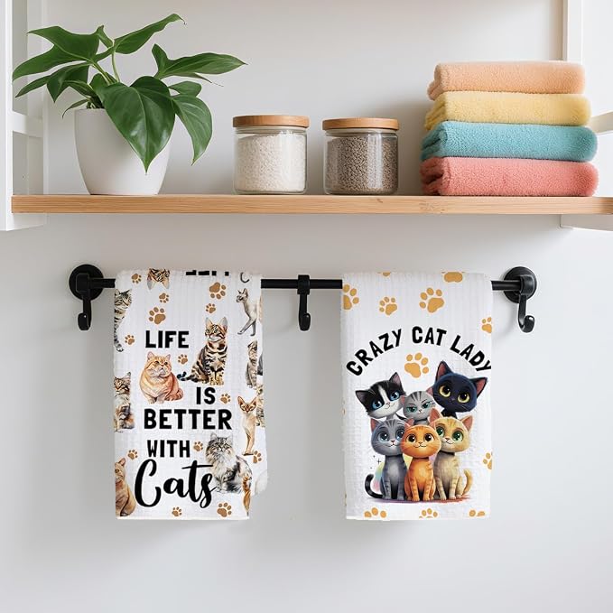 2PCS Cute Cat Kitchen Towels, Cat Themed Gifts Reusable Absorbent Waffle Weave - Image 4