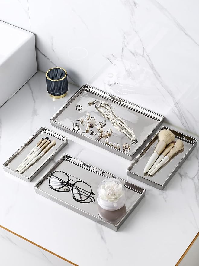 Silver Ceramic Jewelry Mirror Tray Vanity Holder Rectangular Mini Small Medium - Image 3