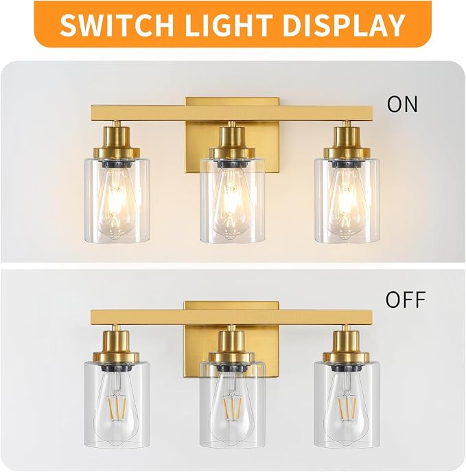 3 Light Gold Bathroom Light Fixtures, Bathroom Vanity Light Over Mirror - Image 3