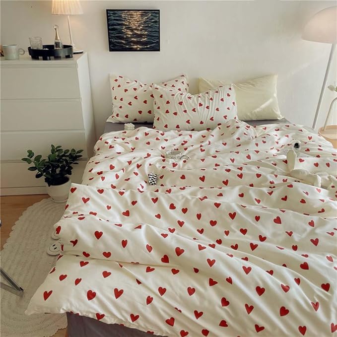 Nayoroom Heart Duvet Cover Twin Size Cute Red Love Heart Printed on White - Image 2