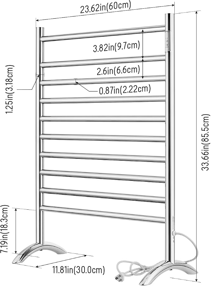 Freestanding Towel Warmer 10 Bars Plug-in Option 3 Working Modes Mirror - Image 6
