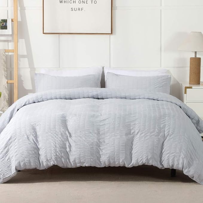 AveLom Light Gray Duvet Cover Full, 3 Pieces, Seersucker Tripe Soft Washed by AveLom