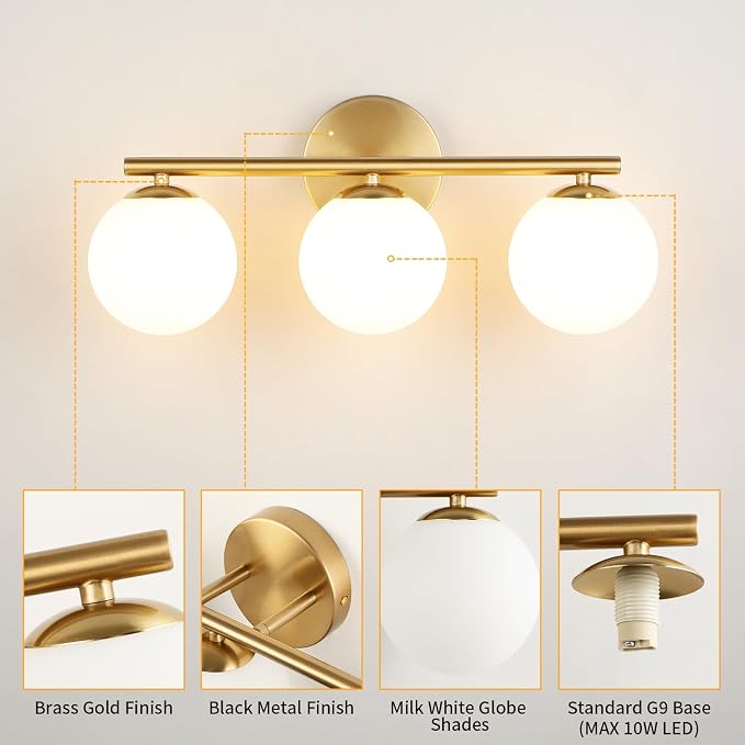 Globe Bathroom Light Fixtures 3-Light Brass Gold Vanity Light - Image 7