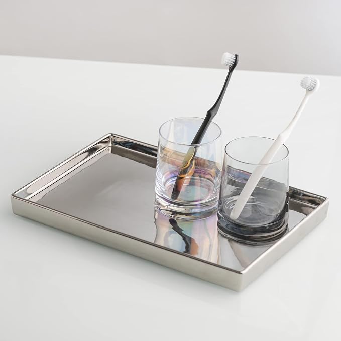 Silver Ceramic Jewelry Mirror Tray Vanity Holder Rectangular Mini Small Medium - Image 8