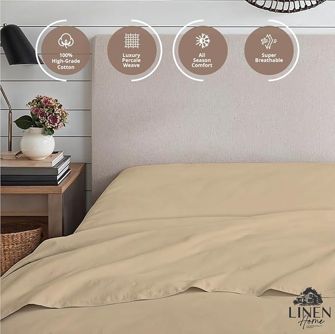 Linen Home 100% Cotton Percale Weave Fitted Sheet, Queen Size, Light Taupe - Image 3