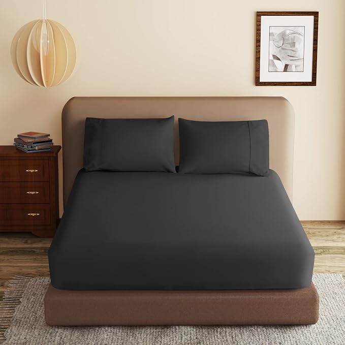 100% Egyptian Cotton Fitted Sheet King Size Black, 600 Thread Count, 8-16" Deep by ZaizaiHome