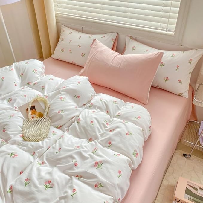Nayoroom Pink Floral Duvet Cover Full Size Coquette Tulip Printed on White - Image 3