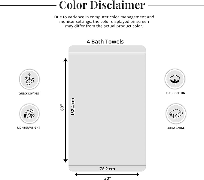 Tens Towels Pack of 4 Extra Large Bath Towels 30 x 60 Inches, 100% Cotton - Image 7