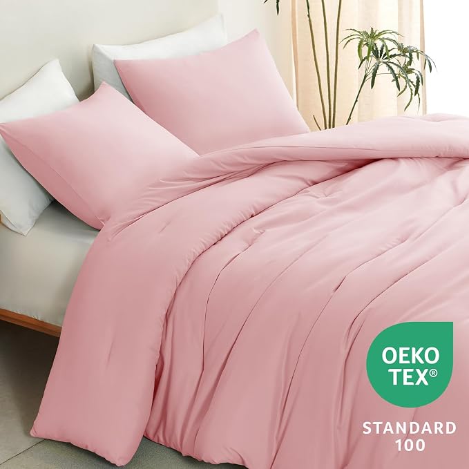 CozyLux King Size Comforter Set Pink, 3 Pieces Solid Comforters King Size - Image 4