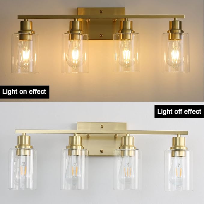 4-Lights Gold Bathroom Light Fixture, Brushed Brass Vanity Light - Image 3
