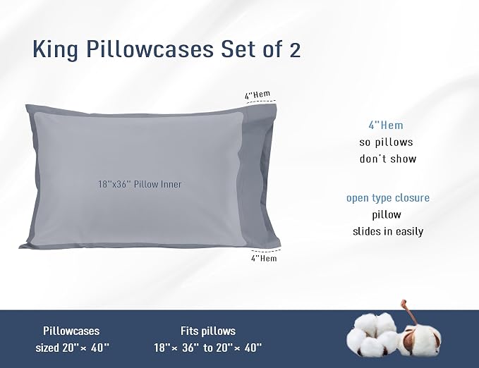 Pillow Cases, King Size Cotton Percale Weave Pillowcases, Pre-Shrunk Breathable - Image 3