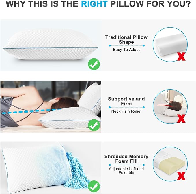 VVZ Cooling Bed Pillows Queen Size Set of 4, Shredded Memory Foam Pillows Cool - Image 3