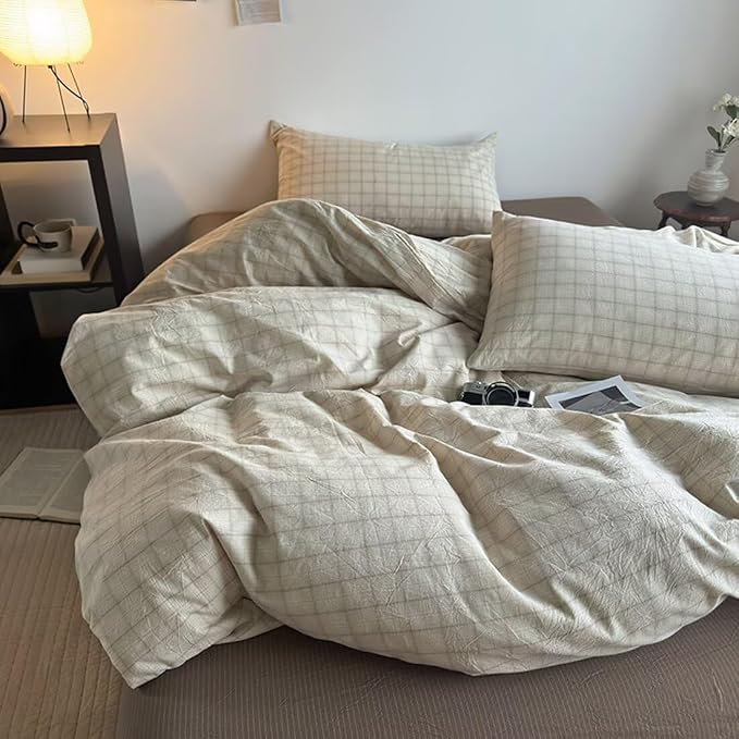 PinkMemory Beige Gingham Duvet Cover Bedding Queen 100% Washed Cotton Vintage by PinkMemory