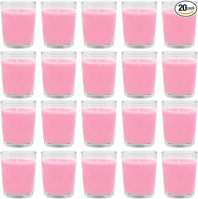 Set of 20 Pink Votive Candles Clear Glass Filled Unscented Soy Wax Candle by BERYSCEN