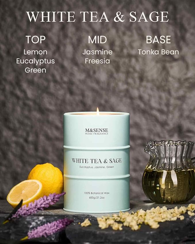 M&SENSE White Tea Sage Scented Candles Large, Natural Soy Candles 21.2oz 120 - Image 2