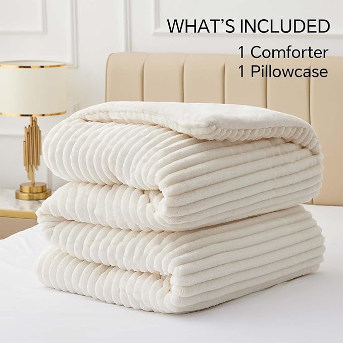 BEDELITE Fleece Twin Comforter Set -Super Soft & Warm Fluffy Cream White Bedding - Image 6