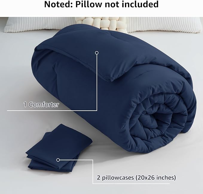 CozyLux Queen Comforter Set Navy Blue, 3 Pieces Solid Comforters Queen Size - Image 7