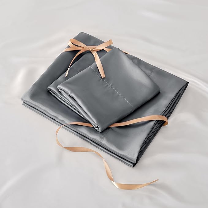BEDELITE Satin Sheets Full Size Bed Set, Luxury Soft Dark Grey Silky Sheets - Image 6