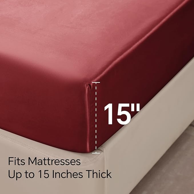 BEDELITE Satin Sheets Queen Size Bed Set, Luxury Soft Burgundy Silky Sheets - Image 6