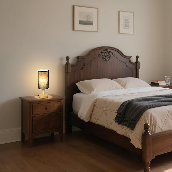 Black Small Bedside Table Lamp for Bedroom, Natural Round Wood Base&Fabric - Image 3