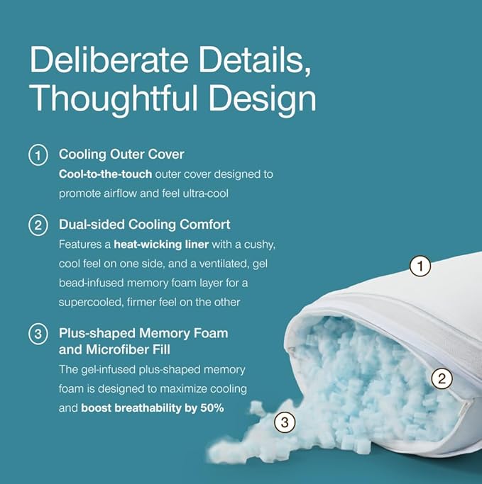 Coop Home Goods Cool+ Crescent Adjustable Pillow, Queen Size Plus Shaped Memory - Image 4