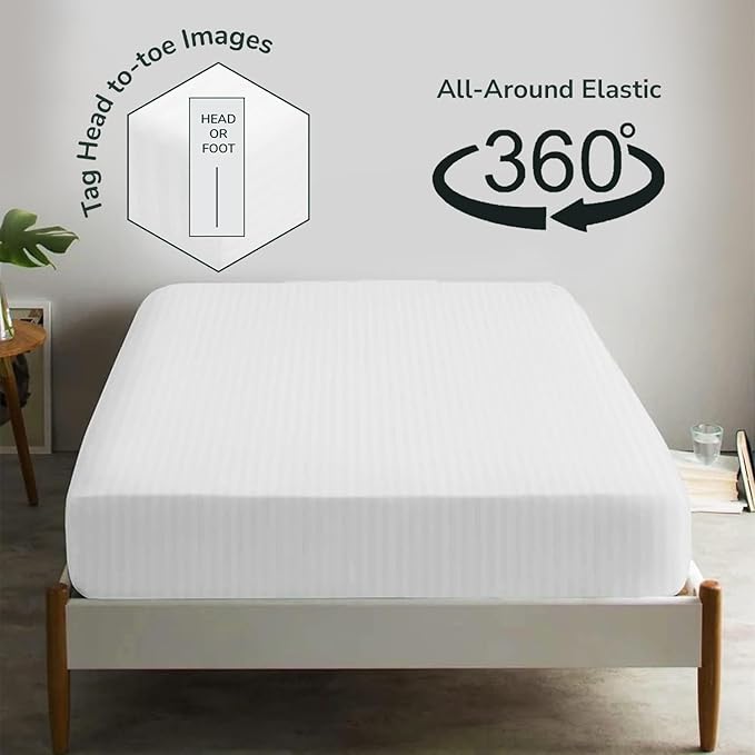 Feather & Stitch 1 Piece Fitted Sheet Twin Size, 100% Cotton Damask Sateen Weave - Image 4